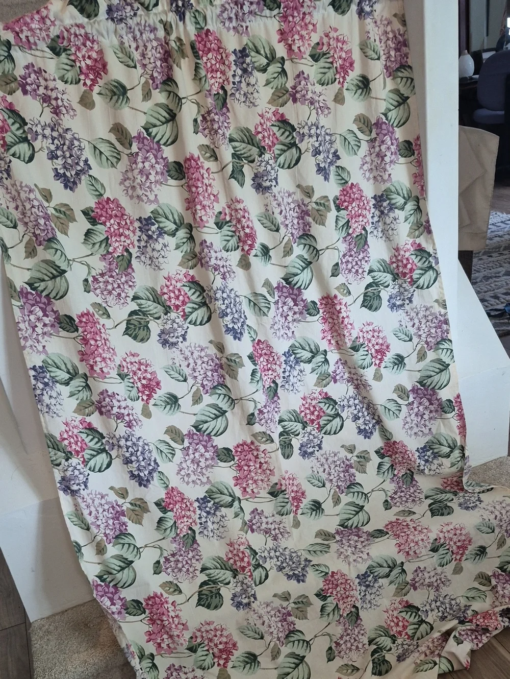 Floral Hydrangea Print Curtain Panel in Cream, Pink & Purple 44x74